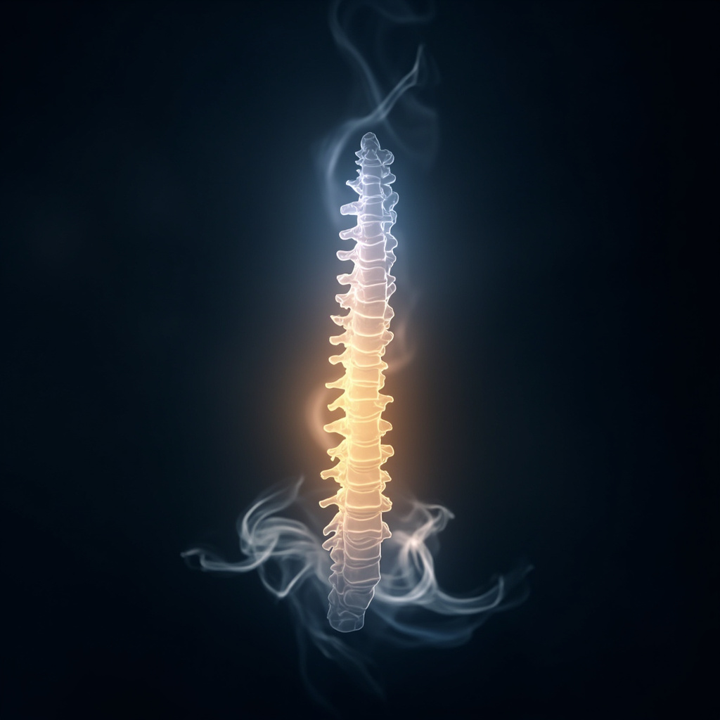 A calm, abstract illustration showing a glowing, healthy, and aligned thoracic spine in the mid-back area, surrounded by soft, soothing light representing energy flow and stability.