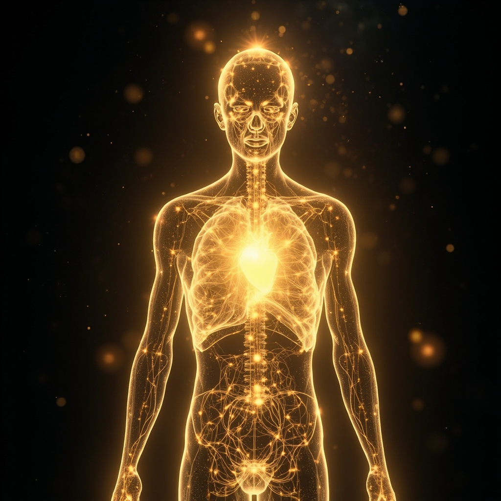 A high-quality, serene illustration showing a glowing, energetic outline of the human body with highlighted vital organ centers, reflecting a sense of balance, harmony, and interconnected light pathways.