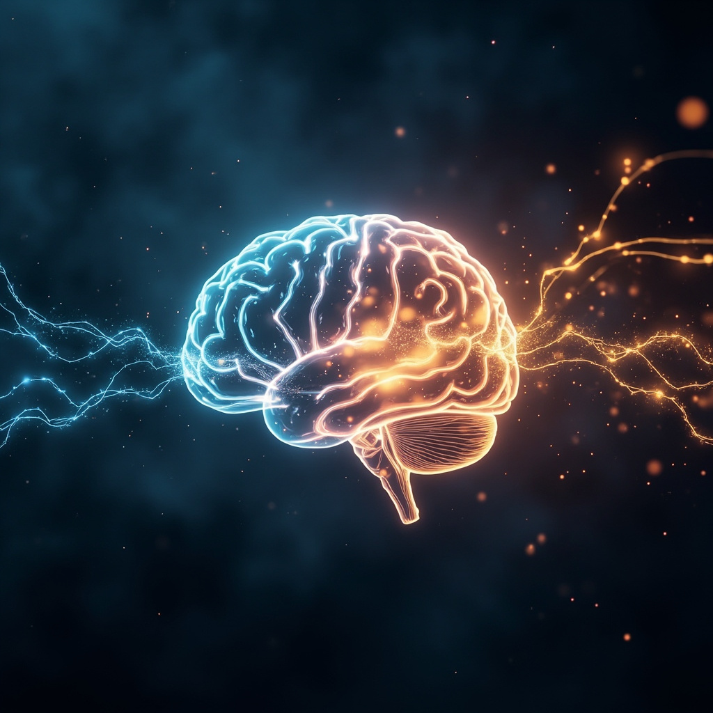 A serene, abstract illustration showing a glowing, interconnected network of light paths connecting the brain and heart, symbolizing balance and electrical coherence.