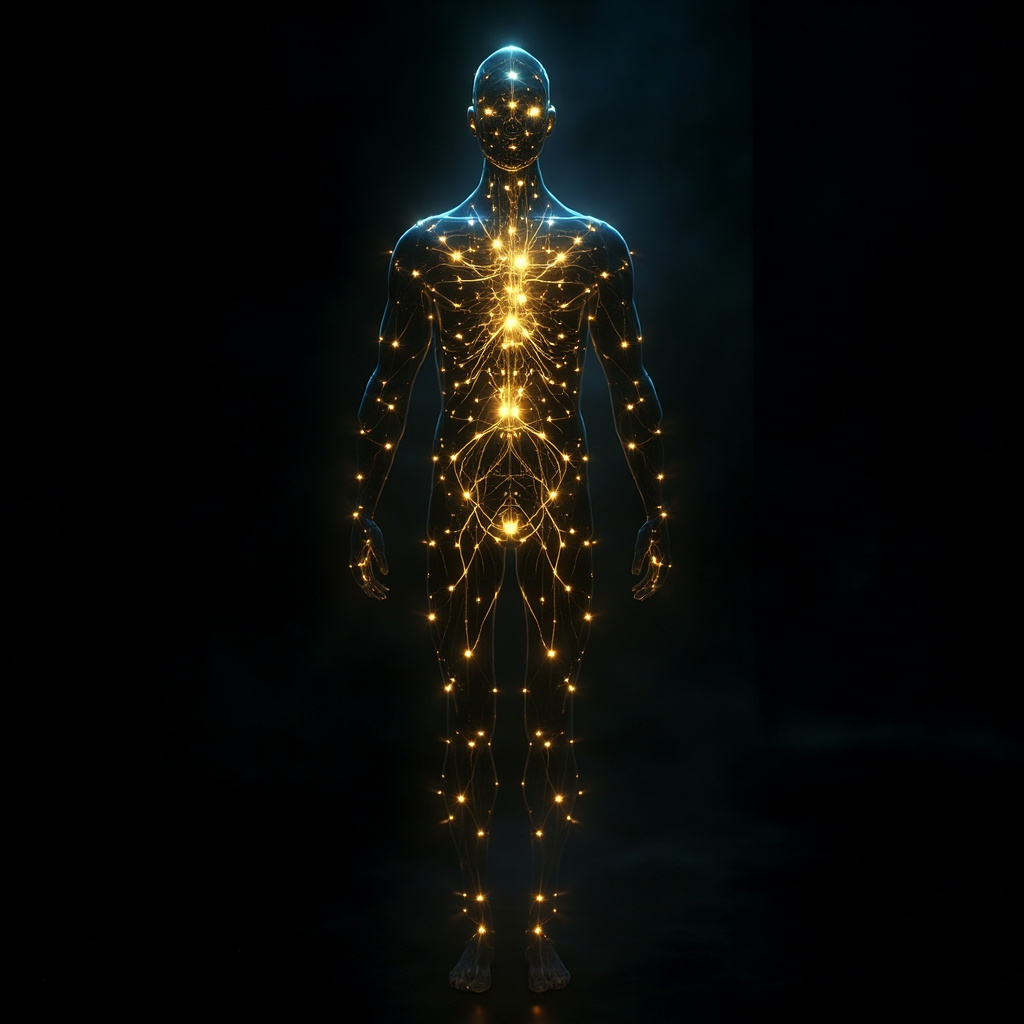 A conceptual image showing a glowing, interconnected network of light within a human silhouette, representing energy fields and biological resonance.