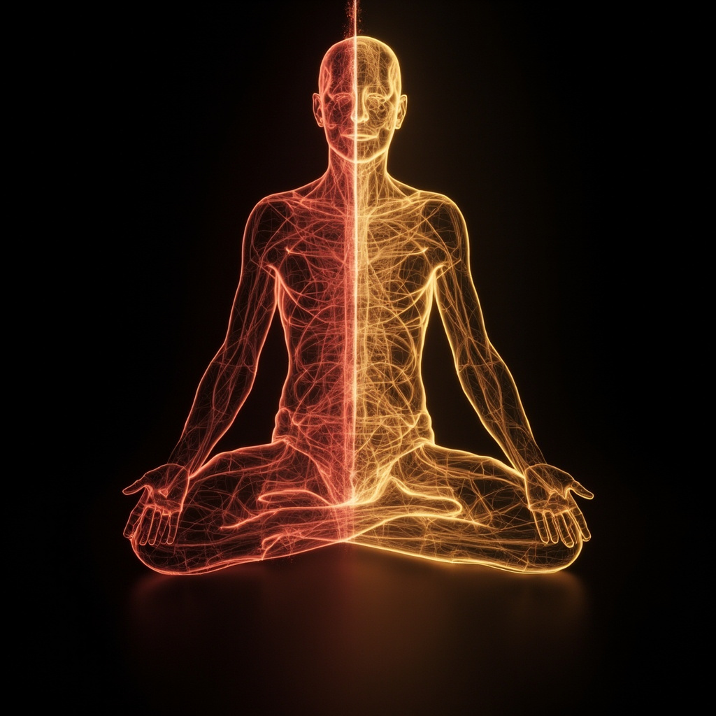 A serene, abstract digital art piece showing glowing, interconnected meridian pathways flowing through a human silhouette, transitioning from congested deep red tones to a smooth, harmonious golden light.