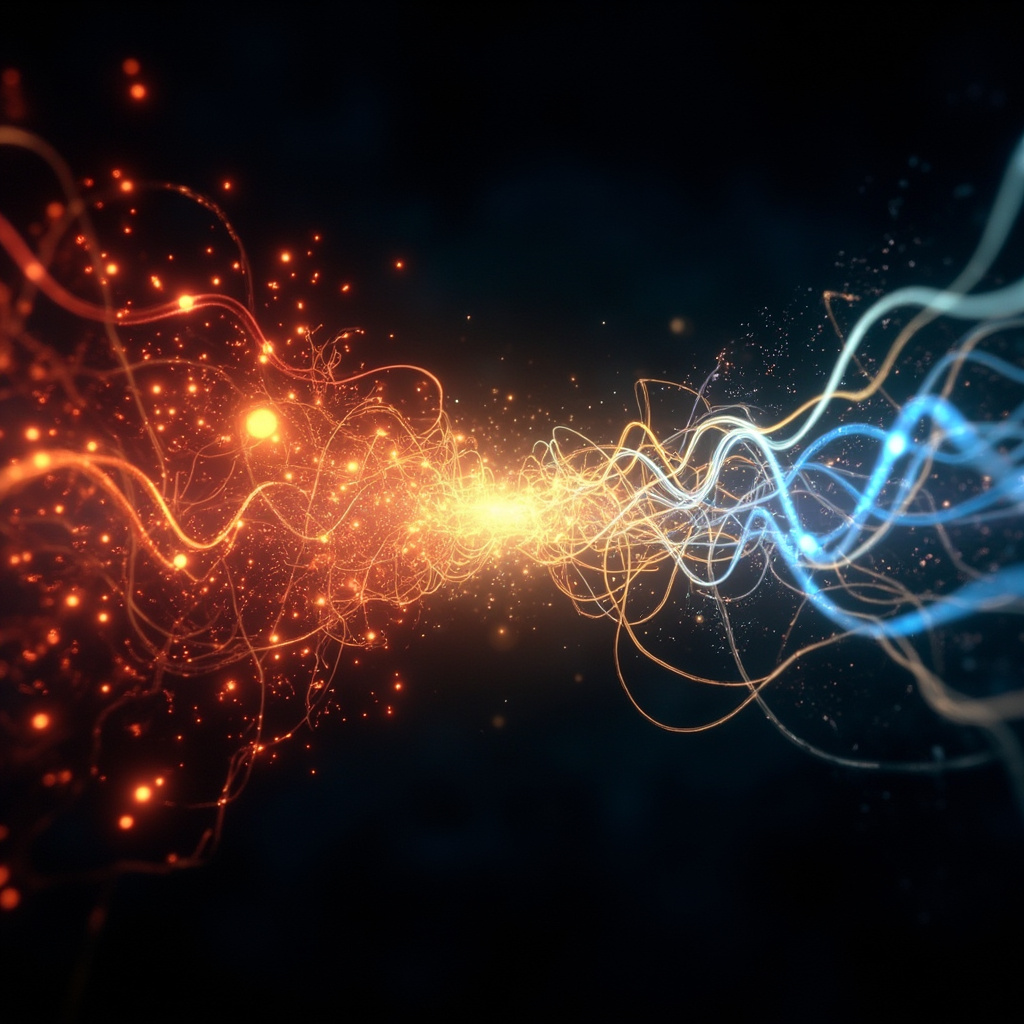 A calm, abstract visualization of glowing, interconnected neural pathways transitioning from chaotic red sparks to a harmonious, flowing blue and golden light.