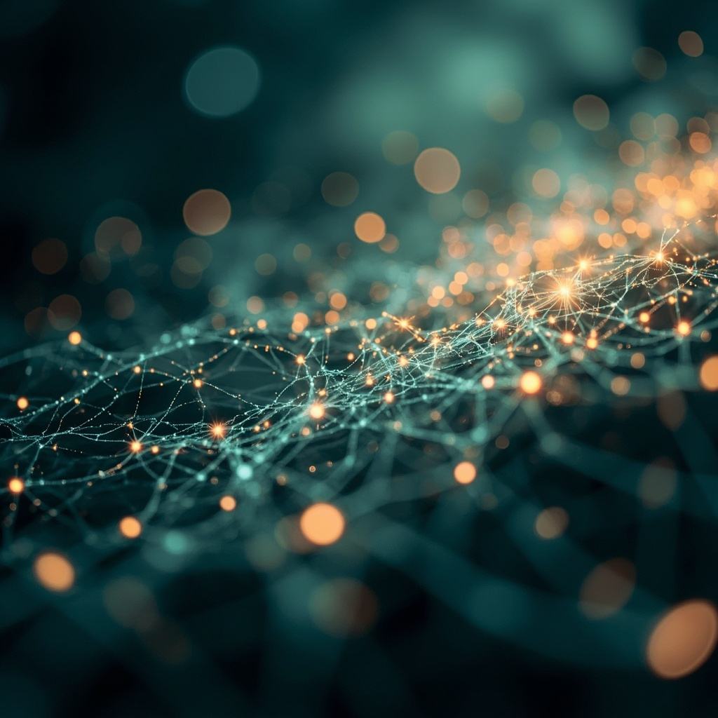 A high-quality, abstract macro image showing a glowing, harmonious network of light particles, representing the interconnectedness of biological systems and energy fields.