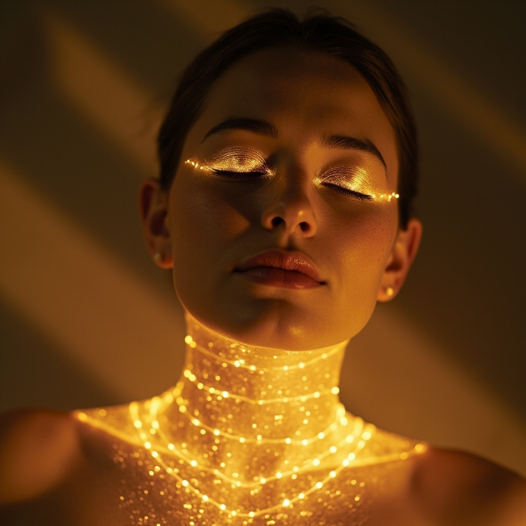 A calm, meditative image of a person with a serene expression, with subtle, glowing golden light patterns around the jaw and neck area to represent nervous system balance.