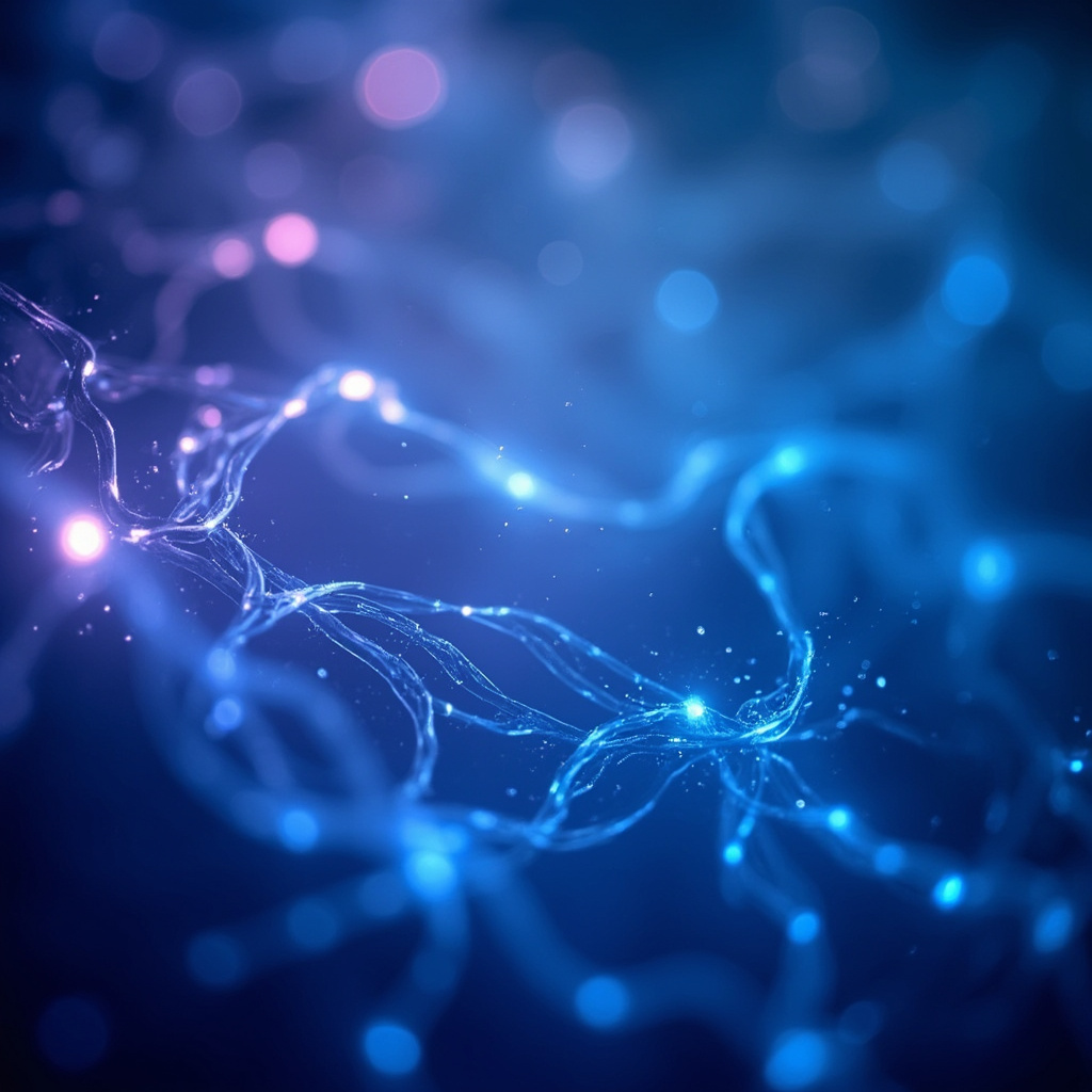 A calm, abstract visualization of neural pathways glowing in soft blue and violet hues, representing the parasympathetic nervous system and internal balance.