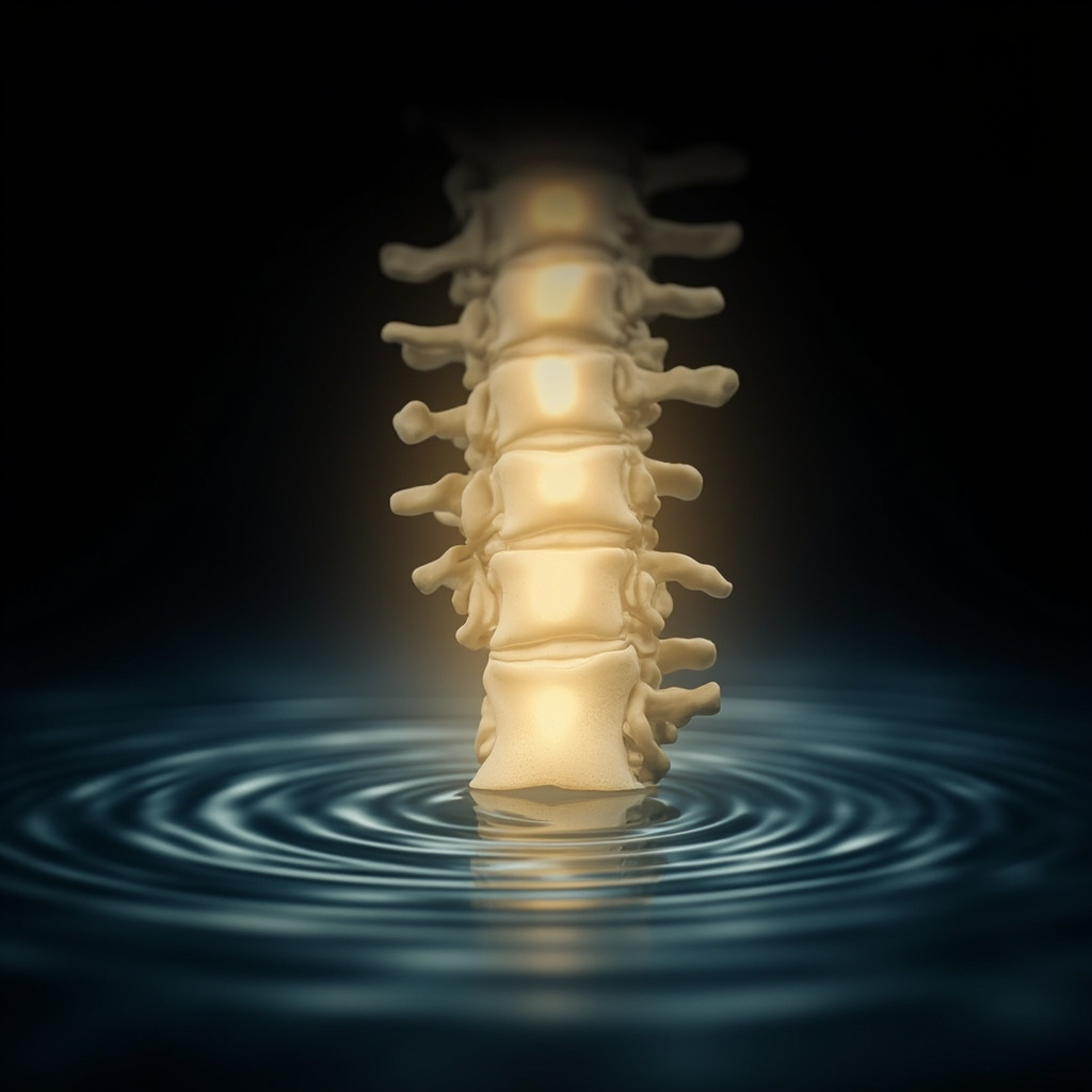 A professional, serene illustration showing the human sacrum at the base of the spine with gentle, glowing light frequencies radiating from it, symbolizing balance and structural alignment.