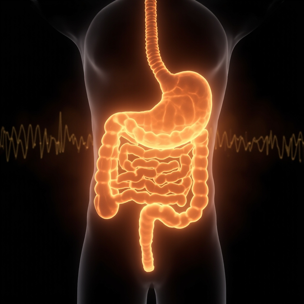 A high-quality, professional image showing a soft, glowing illustration of the human digestive system, focusing on the stomach area with gentle, wave-like frequency lines radiating outwards to represent balance and relaxation.