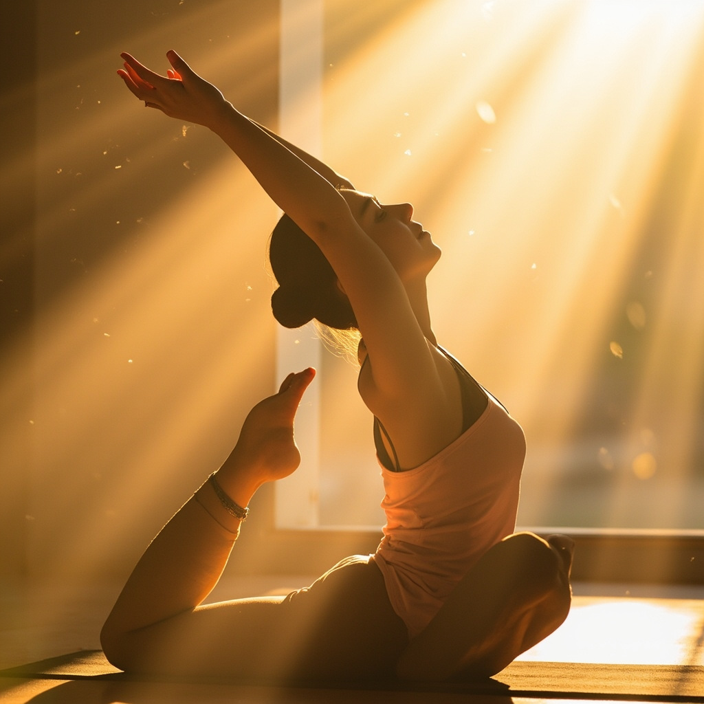A high-quality, serene image of a person stretching gently in a sunlit room, focusing on the connection between mind and body, soft focus, professional photography style.
