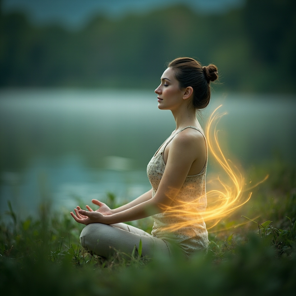 A high-quality, professional image showing a person in a peaceful, natural environment with a subtle, glowing light representing energy flow around the abdominal area, minimalist and calming style.
