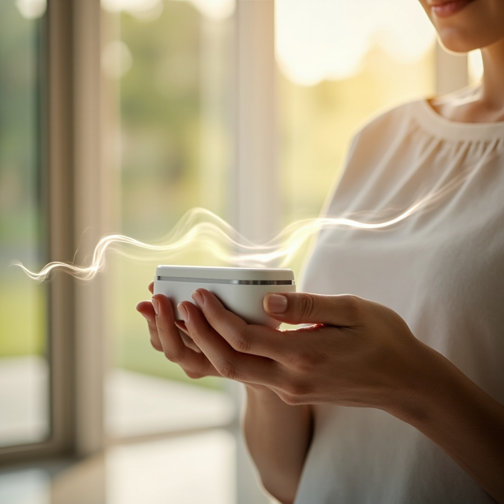 A professional, calming image of a person holding a small, sleek wellness device in a peaceful, modern setting, with gentle light rays representing frequencies.