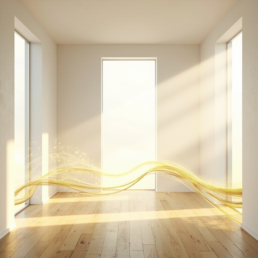 A high-quality, professional image showing a clean, modern interior space with soft, natural lighting, representing a safe and balanced environment, with subtle abstract golden light waves representing energy flow.