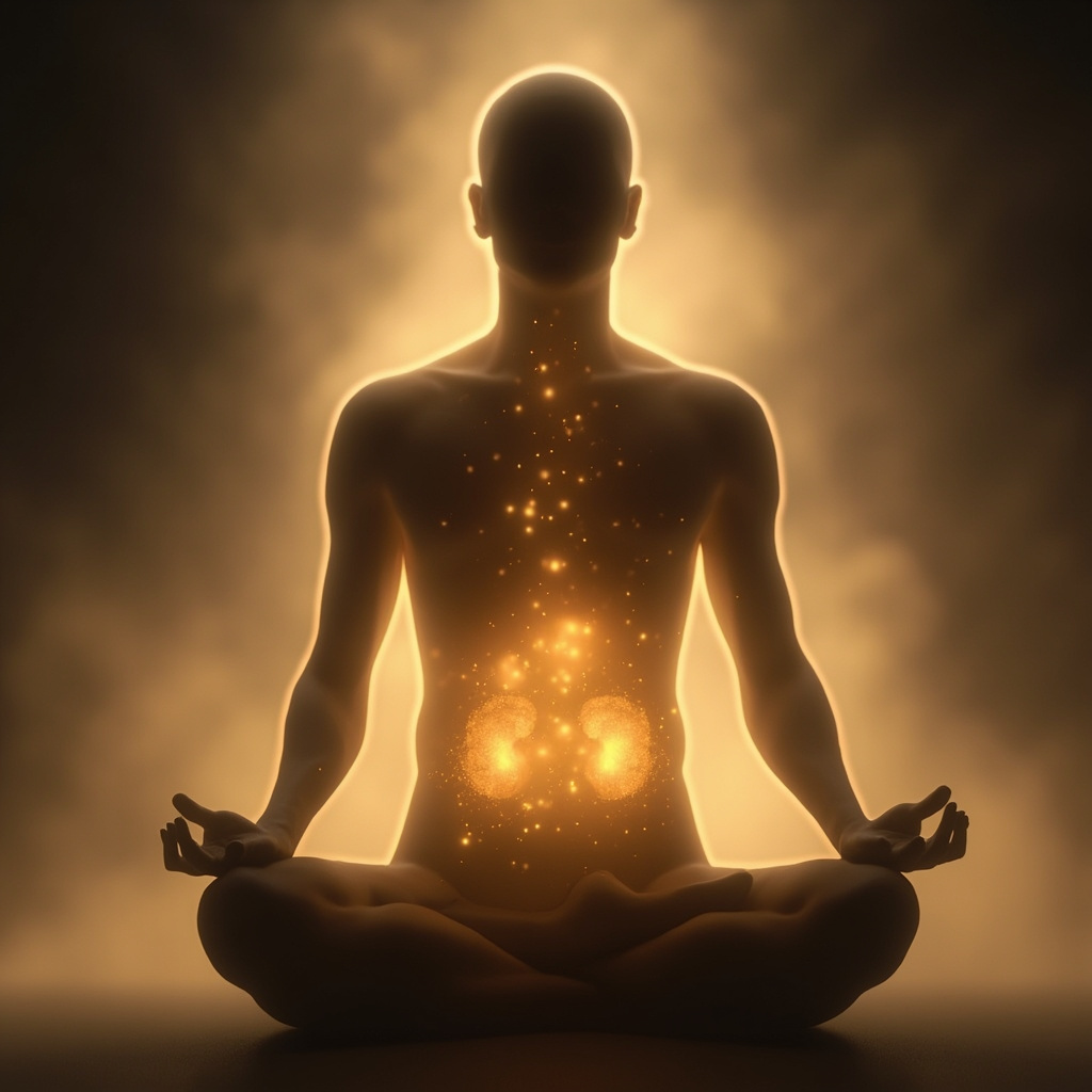 A high-quality, professional image showing a serene, glowing human silhouette with soft, golden light radiating from the liver and kidney areas, representing energetic restoration.