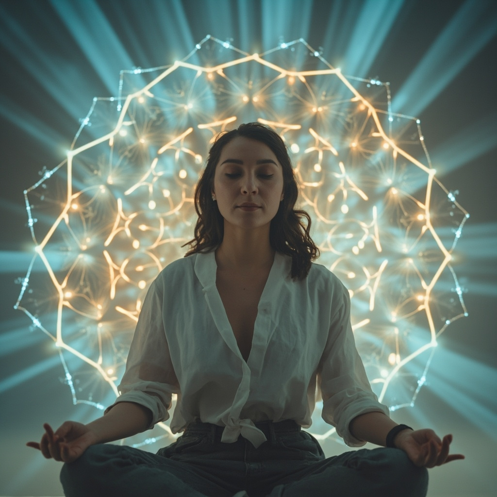 A high-quality, calm, and professional image showing a person practicing mindful meditation with soft, glowing geometric light patterns surrounding them, symbolizing energy and frequency harmony.