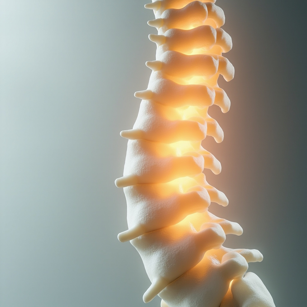 A professional, calming image of a human spine with a gentle, glowing light focused on the L5 region, symbolizing energy and structural support.