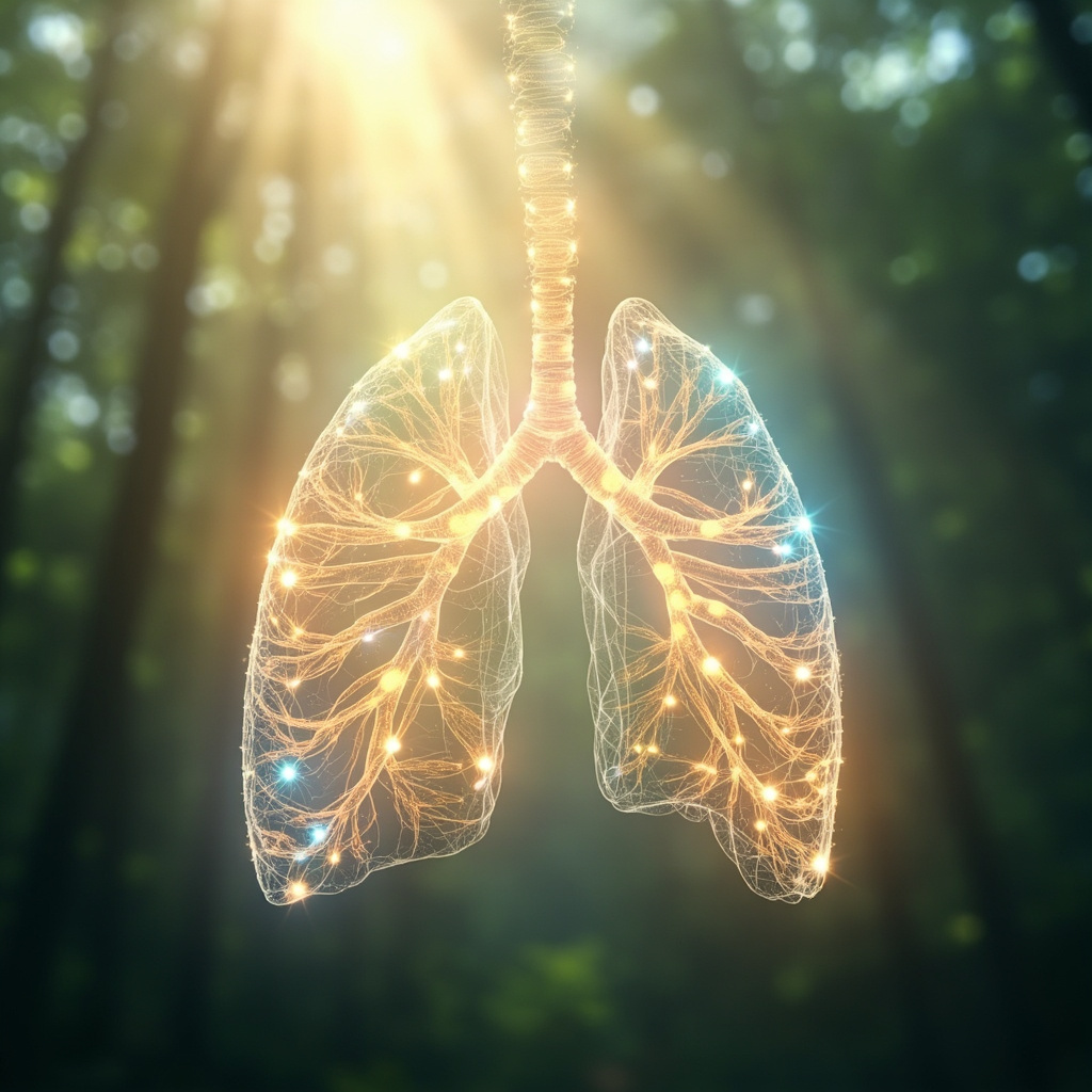 A serene, artistic representation of human lungs composed of soft, glowing light particles and harmonic wave patterns, set against a calm, natural background.
