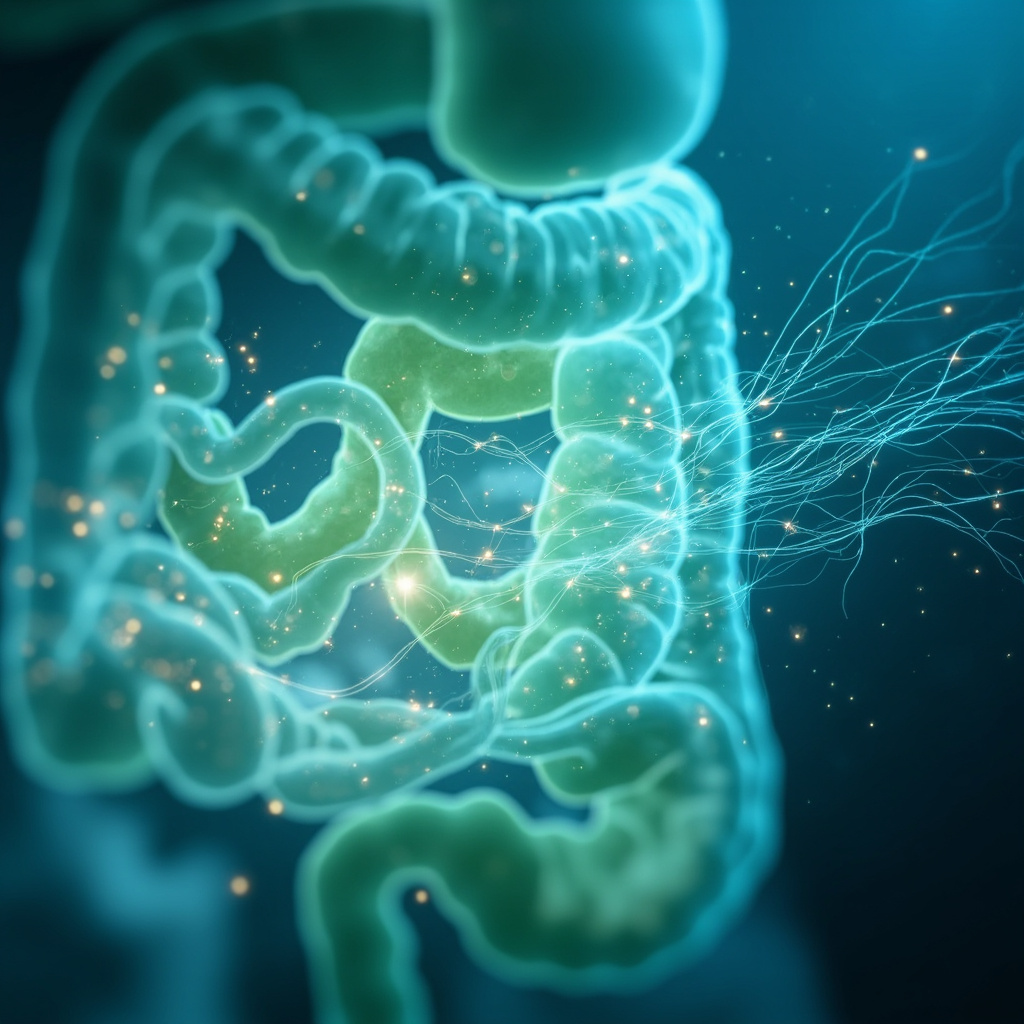 A serene, abstract representation of the human gut connected to a glowing, balanced nervous system, using soft blues and greens to symbolize calm and digestive harmony.