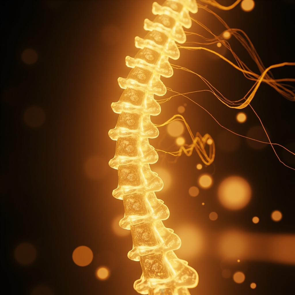 A serene, artistic representation of the human spine glowing with soft, golden light, connecting to various organ systems in a harmonious, balanced flow, high resolution, soft focus background.