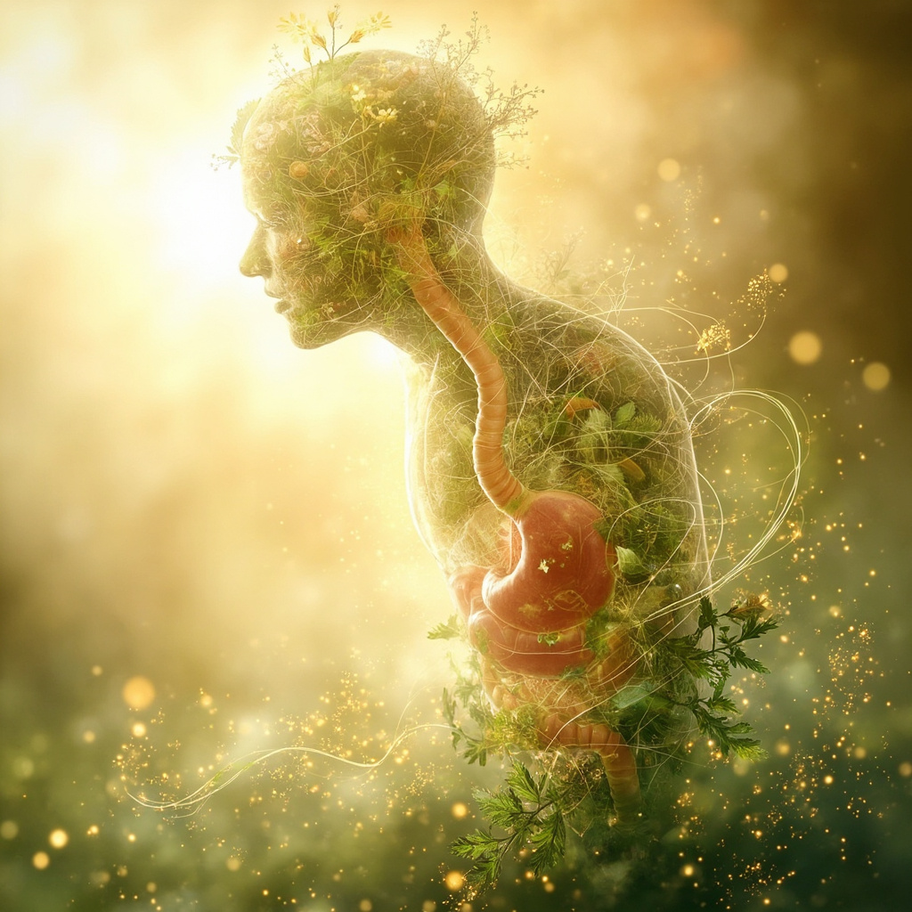 A serene, artistic representation of the connection between the digestive system and oral health, featuring soft botanical elements, warm natural light, and a sense of internal flow and balance.