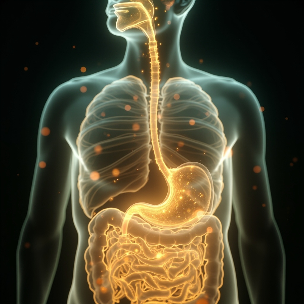 A serene, artistic representation of the connection between the oral cavity and the digestive system, using soft light and flowing, harmonious lines to illustrate internal balance.