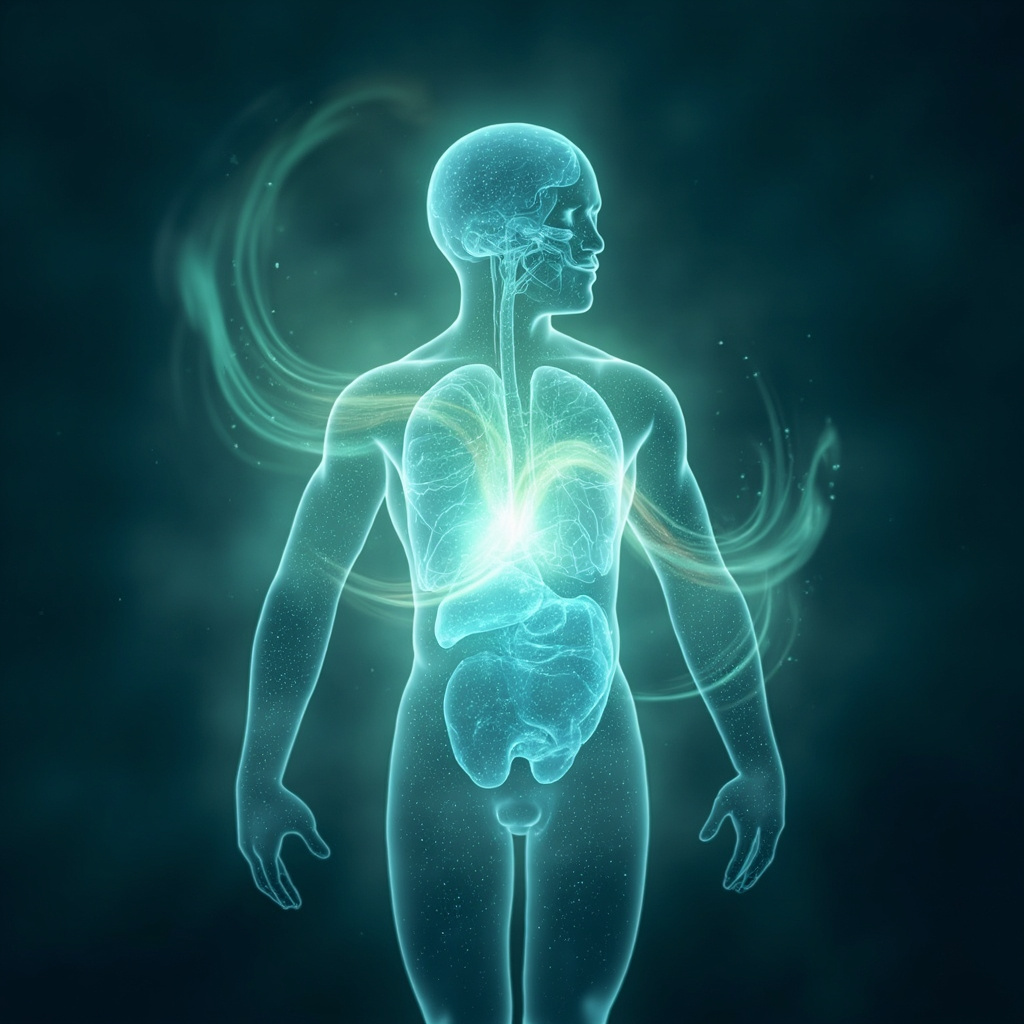 A serene, abstract representation of the liver and energy flow, featuring soft, calming blue and green light frequencies radiating from the center of the body, symbolizing detoxification and systemic balance.