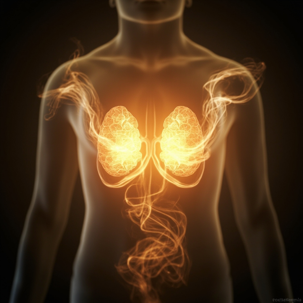 A serene, artistic representation of the adrenal glands as a glowing, balanced energy center within the human body, surrounded by soft, flowing light, emphasizing harmony and resilience.