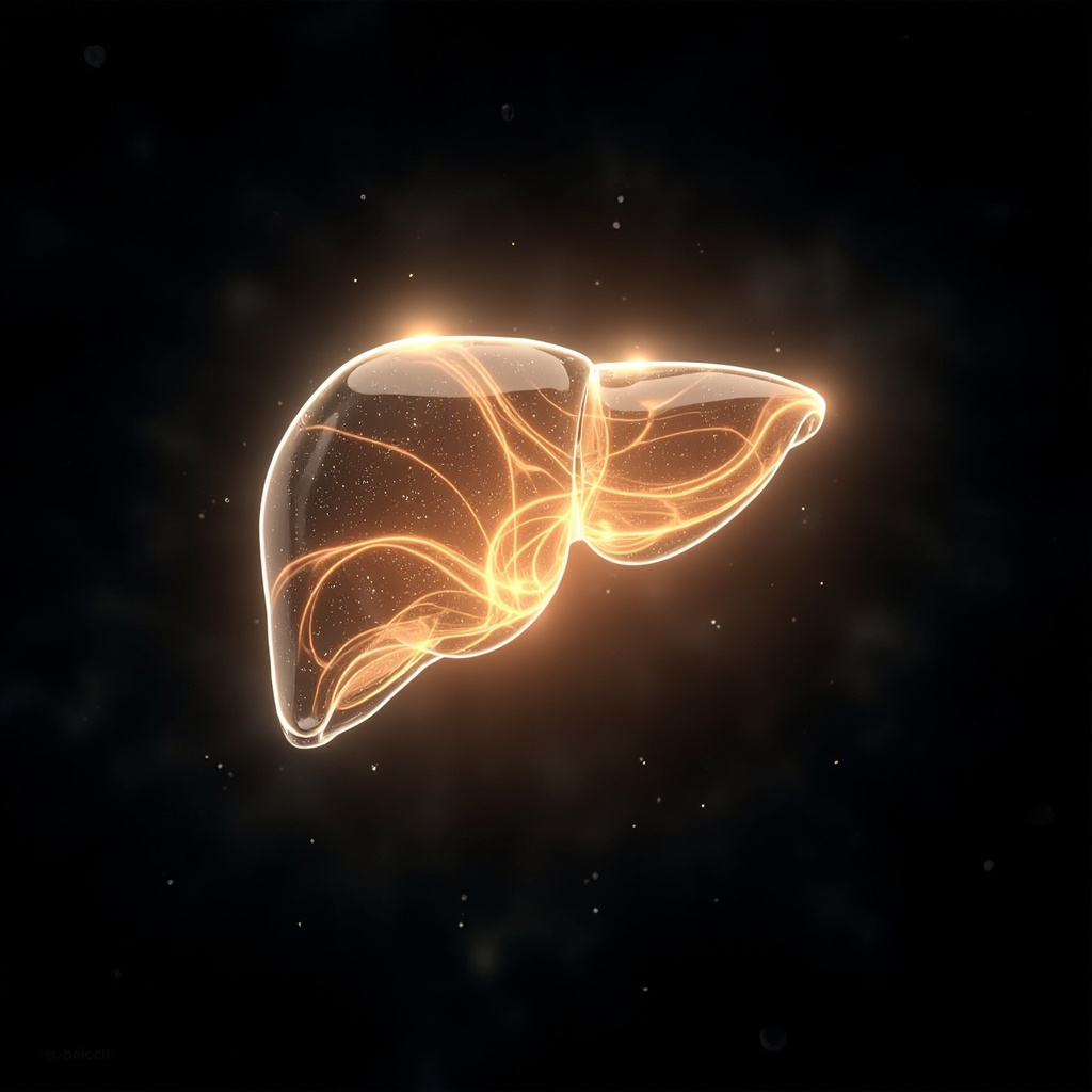 A serene, abstract representation of the human liver glowing with soft, harmonious light frequencies in a dark, calm space, emphasizing healing and energy flow.
