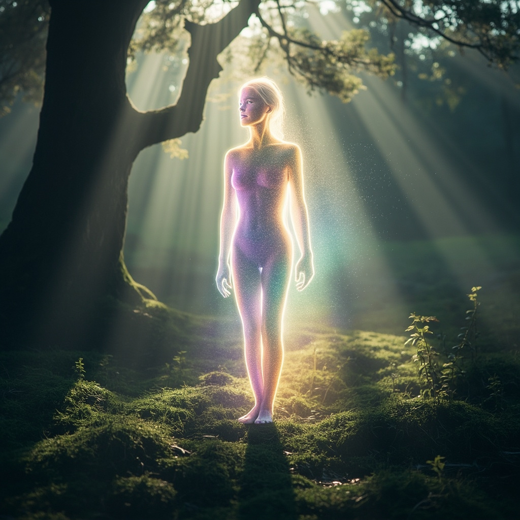A serene, abstract representation of a human silhouette glowing with soft, harmonious light frequencies in a calm, natural environment.