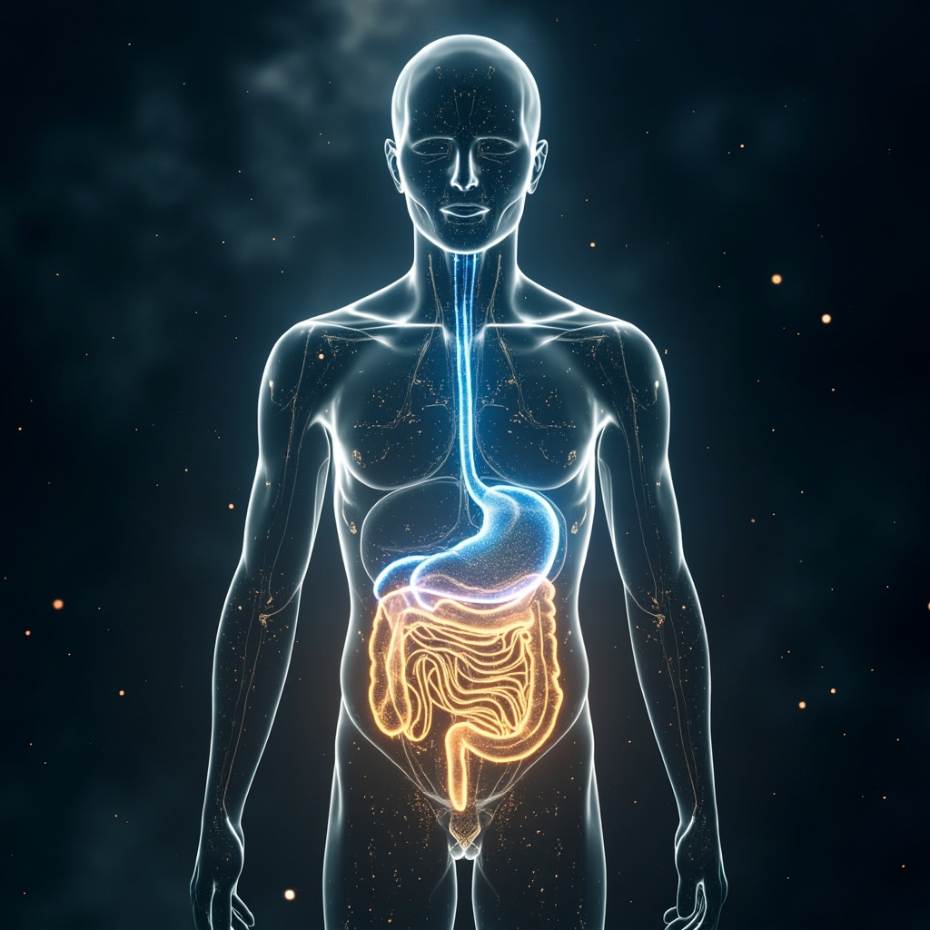 A serene, artistic representation of a balanced gut and vibrant energy flow, featuring soft gold and blue light frequencies radiating through a human silhouette.