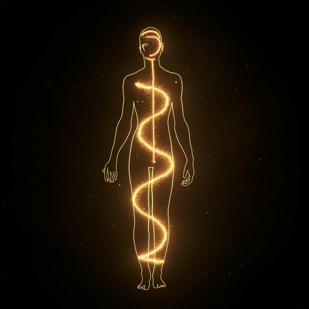A serene, abstract representation of inner harmony, showing glowing golden frequencies weaving through a silhouette of the human body, symbolizing balance and resilience.