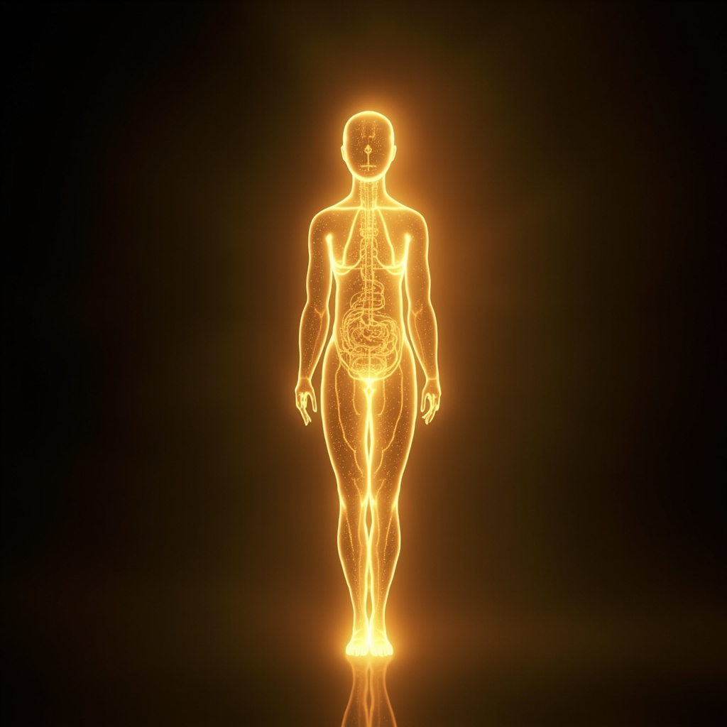 A serene, artistic representation of internal harmony, featuring soft golden light flowing through a human silhouette to represent the gallbladder meridian and digestive calm.