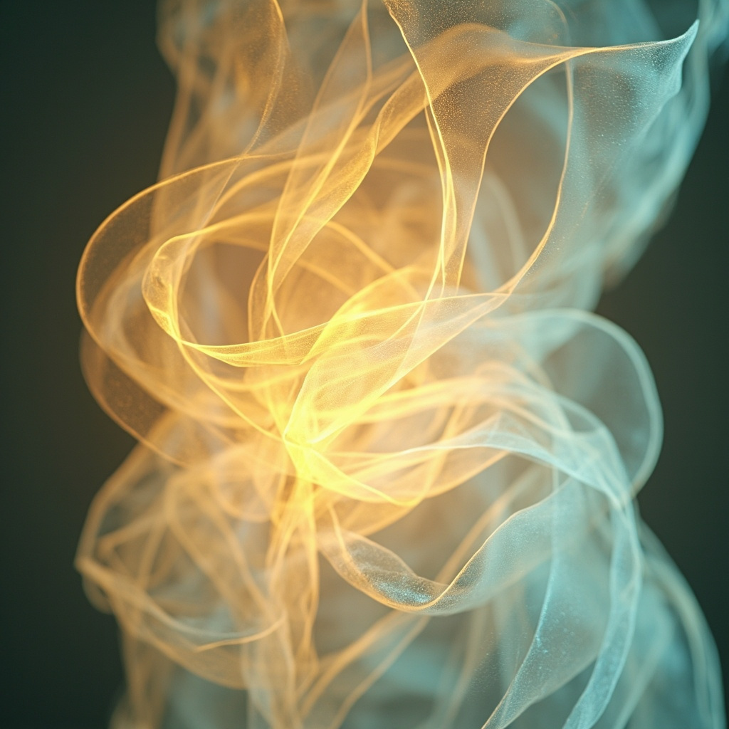 A serene, abstract representation of flowing energy pathways within the human torso, glowing with soft, harmonious light, suggesting balance and digestive calm.
