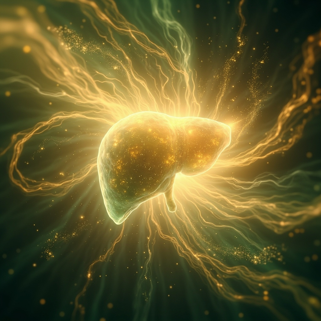 A serene, abstract representation of the human liver glowing with soft, harmonious light, surrounded by flowing energy patterns that symbolize balance and vitality.