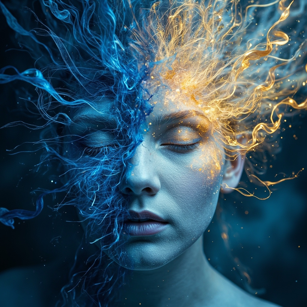 A calming, ethereal representation of human energy fields in soft blue and gold tones, showing a balanced, harmonious transition from a chaotic state to a peaceful, centered form.