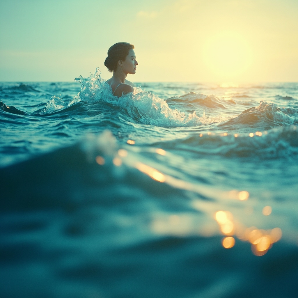 A serene, abstract representation of rhythmic waves harmonizing with a human silhouette, soft blue and golden light, high resolution, peaceful atmosphere.