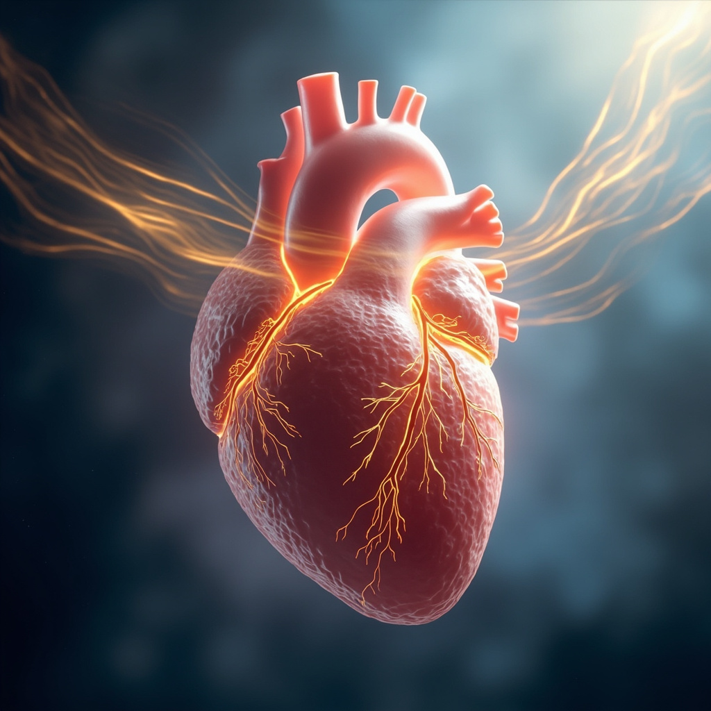A high-quality, artistic representation of the human heart with soft, glowing light lines highlighting the coronary sinus, set against a calm, ethereal background representing emotional flow and harmony.