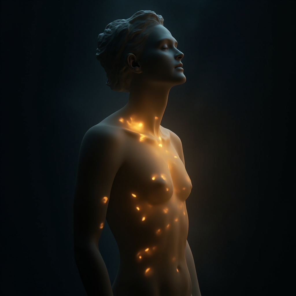 A serene, abstract representation of a human silhouette with a soft, glowing light illuminating the left side of the torso, symbolizing emotional release and energetic harmony, professional and calming style.