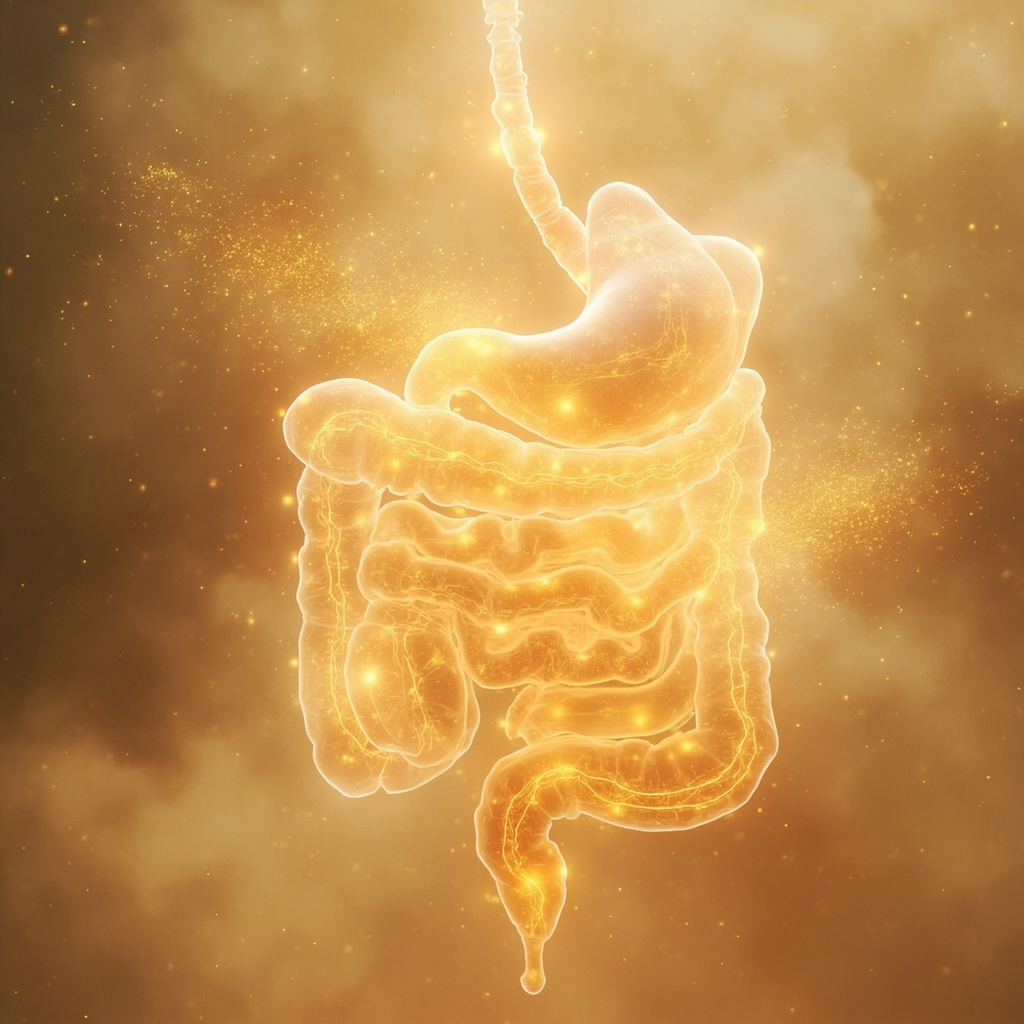 A serene, abstract representation of a glowing, healthy digestive system integrated with golden light patterns, illustrating the flow of energy and internal balance in a soft, natural, and calming environment.