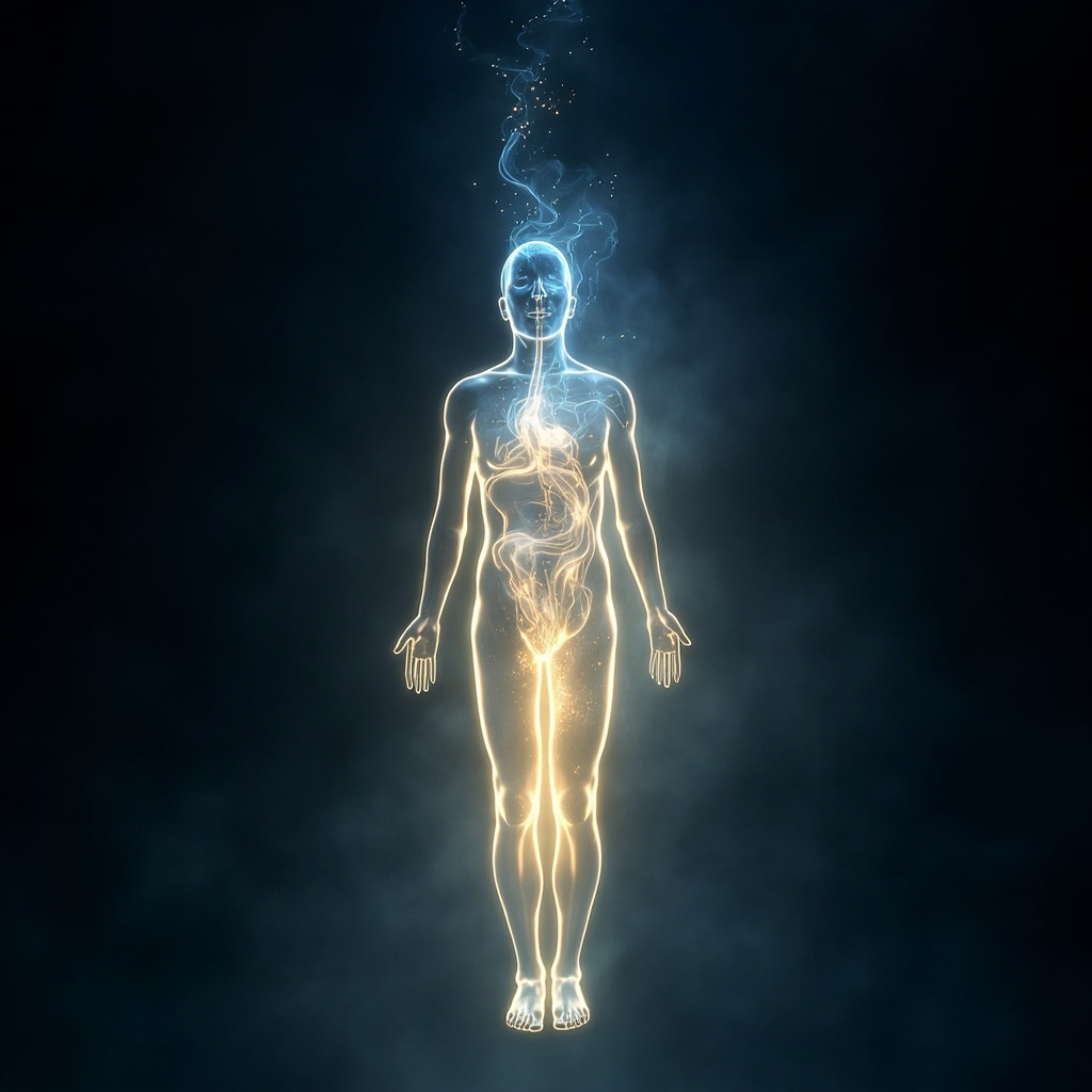A serene, abstract representation of a calm, flowing energy field inside a human silhouette, illustrating internal balance and digestive ease, soft blue and golden light tones.