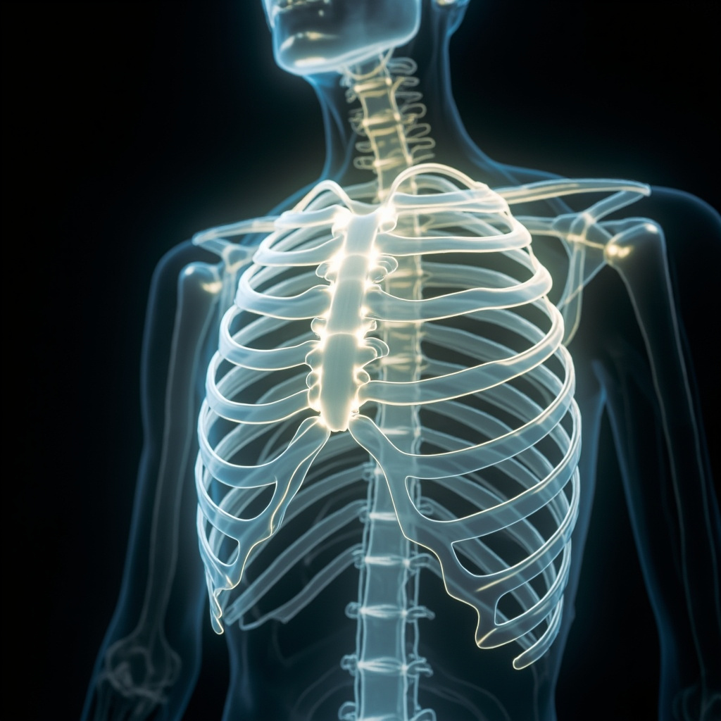 A serene, artistic representation of the human ribcage with soft, glowing light lines indicating rhythmic, harmonious movement and breathing.