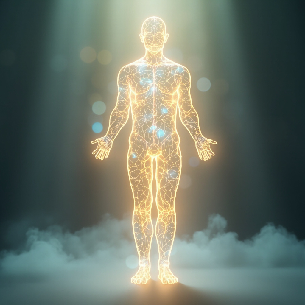 A serene, abstract representation of a glowing human silhouette with interconnected light pathways, symbolizing harmony and immune balance, soft natural lighting, high resolution.