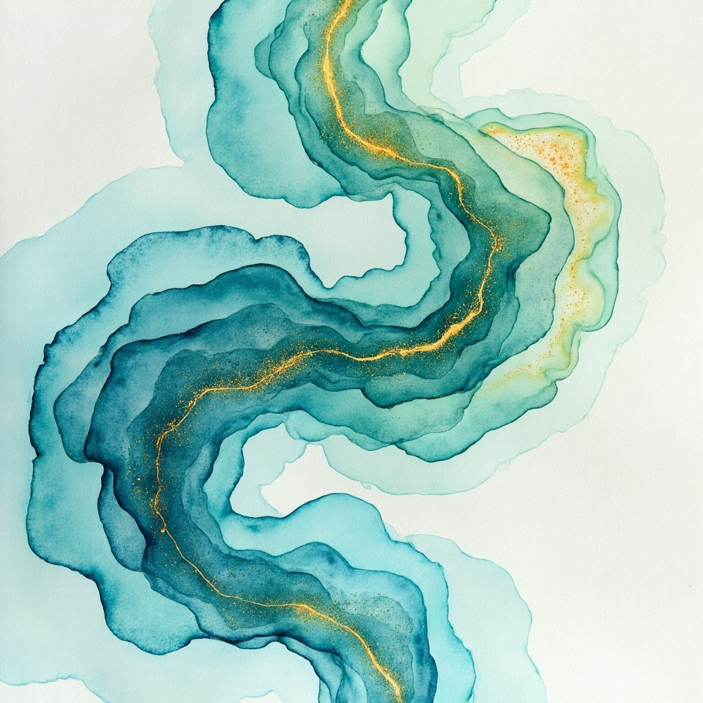 A serene, abstract representation of intestinal flow and internal harmony, using soft watercolor tones of teal and gold to represent balance and healing.