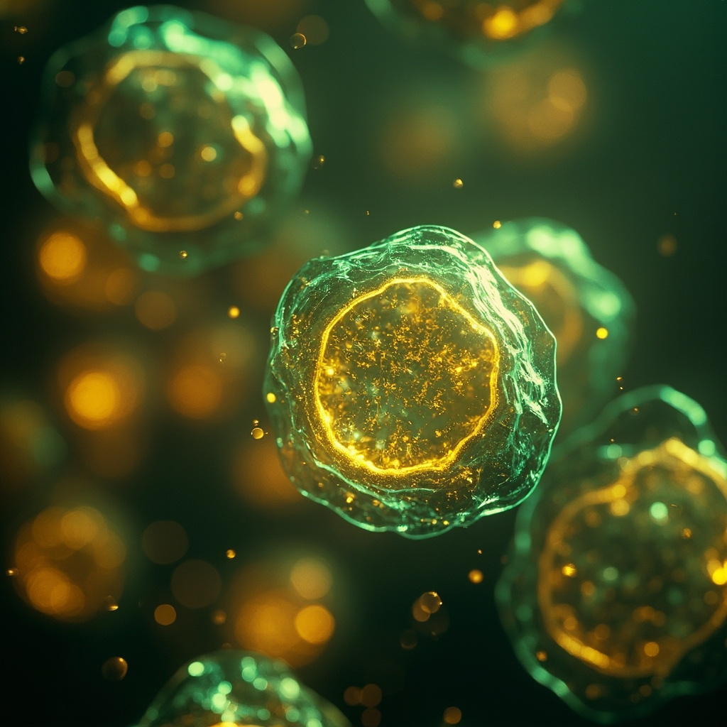 A microscopic, artistic representation of pancreatic cells glowing with soft, harmonious light, symbolizing cellular balance and vitality.
