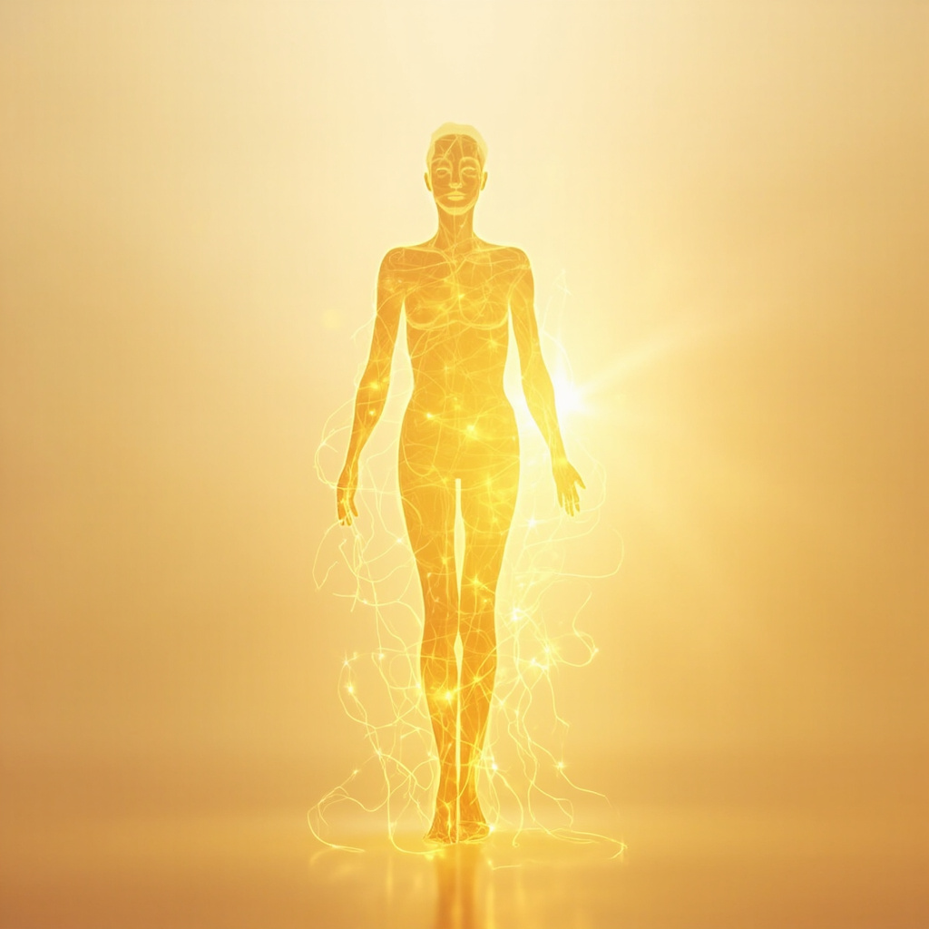 A serene, abstract representation of flowing energy channels in the human body, blending warm light with a clean, minimalist aesthetic to represent the meridian system.