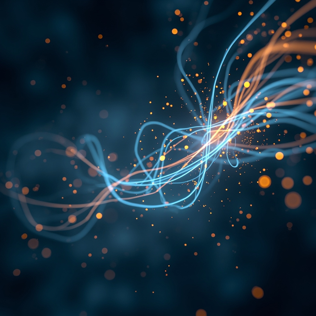A serene, abstract representation of flowing light energy moving through the human nervous system, rendered in soft, calming blue and golden tones, professional and clean aesthetic.