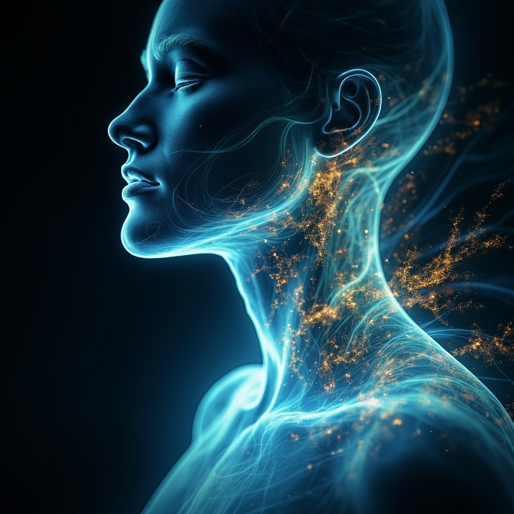 A calm, abstract representation of flowing energy patterns in the human throat area, soft blue and golden light, professional and healing atmosphere.