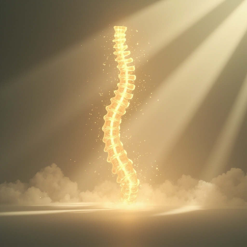 A serene, artistic representation of a glowing, light-filled human spine centered in a balanced, calm environment, soft focus, professional photography style.