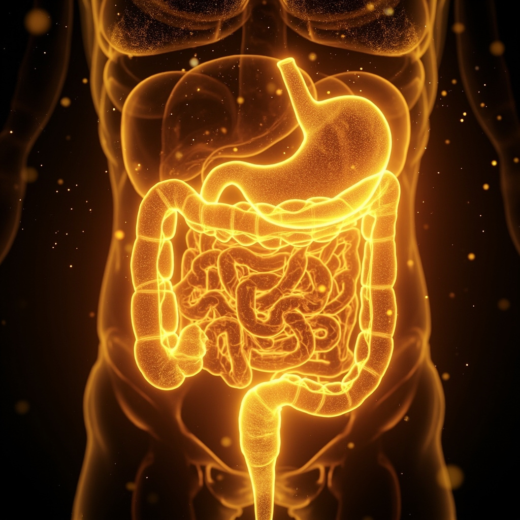 A high-quality, professional image showing a glowing, abstract representation of the human digestive system connected to golden, harmonious light frequencies, symbolizing biological balance and healing.