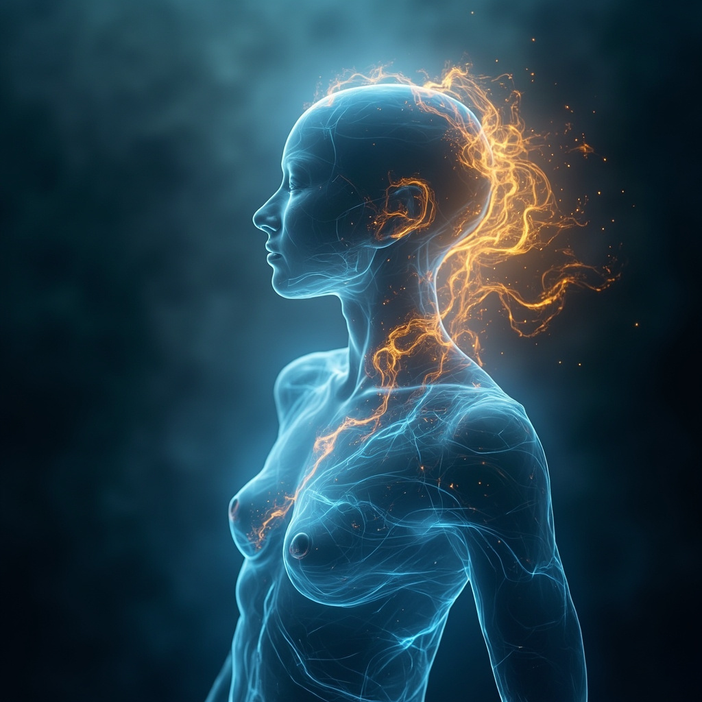 A calming, abstract representation of a harmonious energy flow within the human body, featuring soft, soothing blue and gold light waves, professional and serene style.