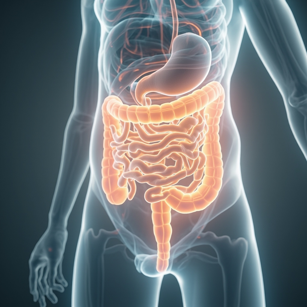 A calming, artistic representation of the human digestive system with soft glowing energy lines flowing through the small intestine, professional and soothing medical illustration style.