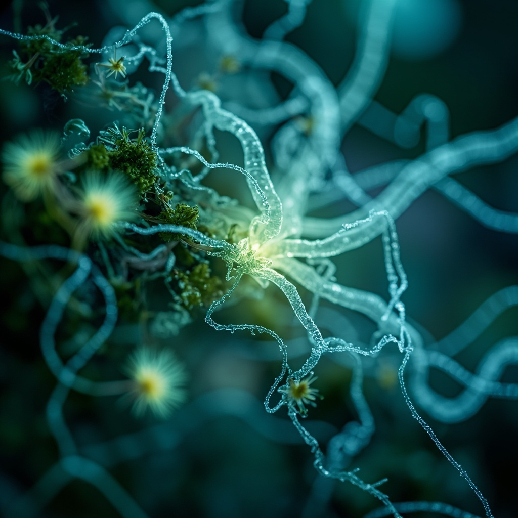 A serene, abstract representation of a calm, glowing nervous system integrated with nature, soft blue and green tones, peaceful atmosphere, high quality, professional photography style.